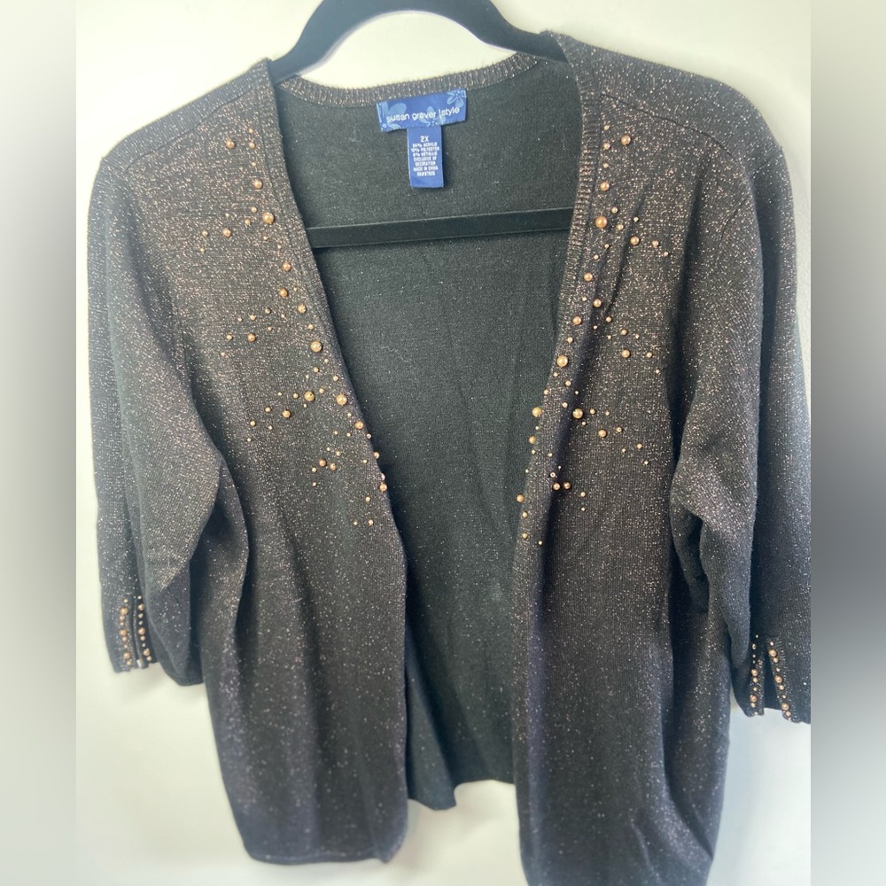 Susan Graver Black Cardigan with Gold Bead Accents